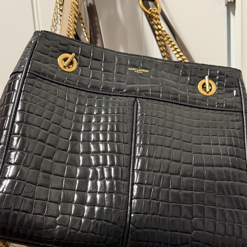 Saint Laurent Black Croc Shoulder Bag with Gold Details